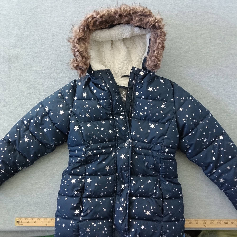 Member's Mark Girls Navy Blue Silver Star Foil Puffer Jacket Faux Fur Hood 8